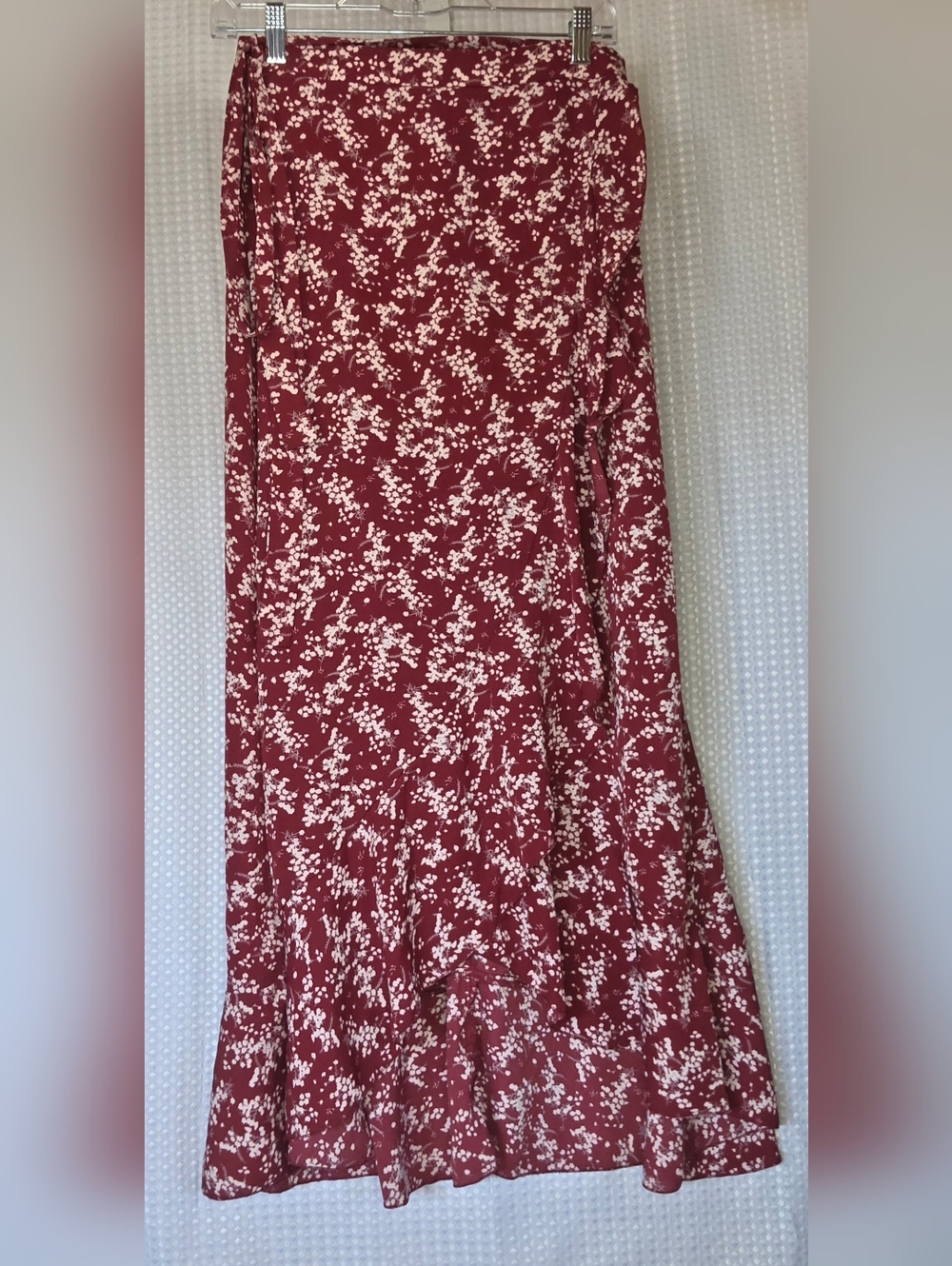 Boho Floral Wrap Skirt Burgundy Midi Ruffle Hem Festival Large - Picture 3 of 8